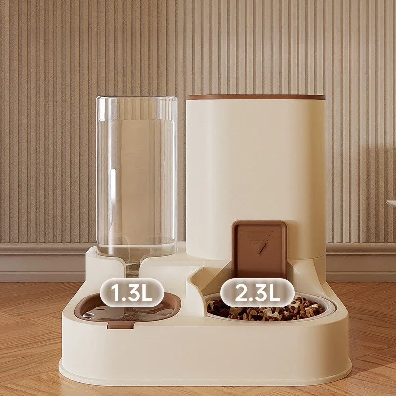 Pet feeding and water station with capacity indicators on a wooden floor.