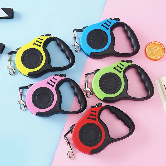 Colorful retractable dog leashes on a pink and blue gradient background