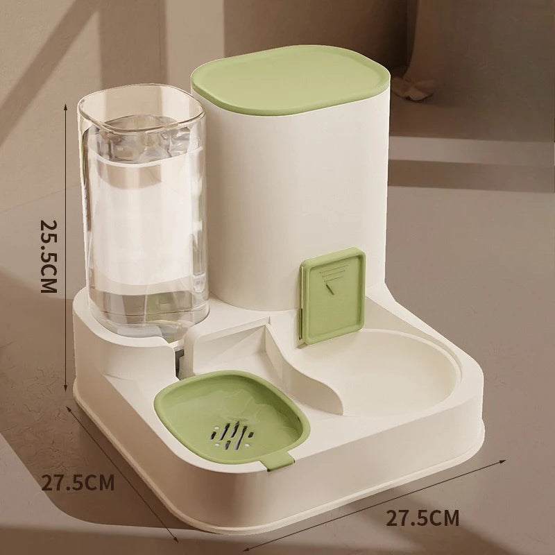 Pet feeder and water dispenser with dimensions on a neutral background