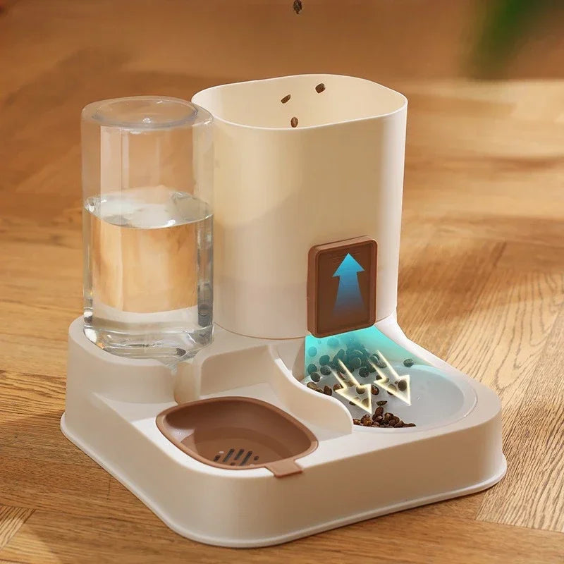 Pet feeder with water dispenser on a wooden floor
