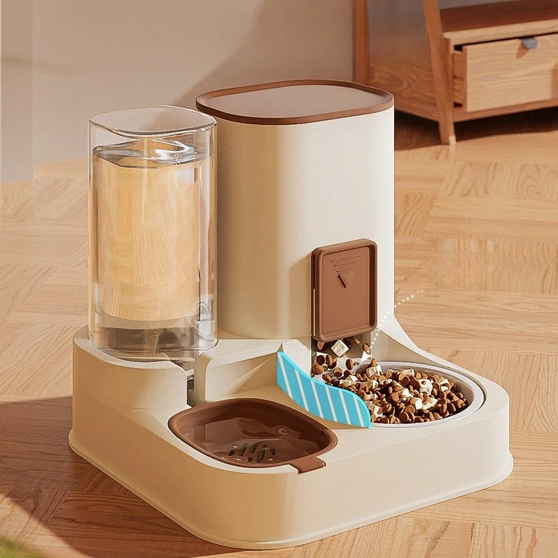 Pet feeder with water dispenser on a wooden floor