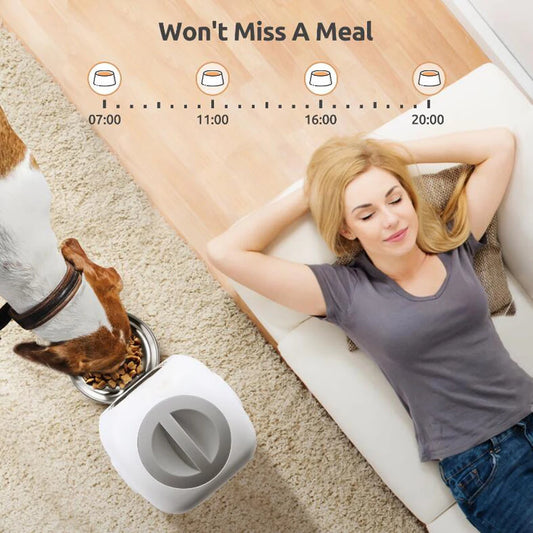 Woman lying on a couch next to a pet food dispenser with a dog eating from it, indicating mealtime tracking.