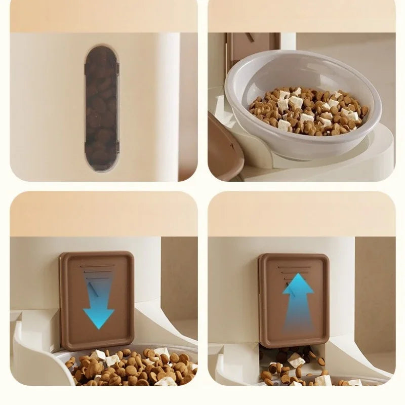Collage of a pet food dispenser with a bowl of food and a compartment for storing food.