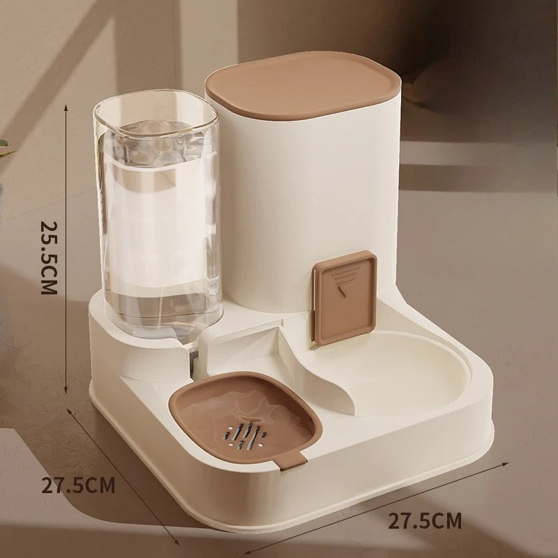 Pet feeding and water station with dimensions displayed